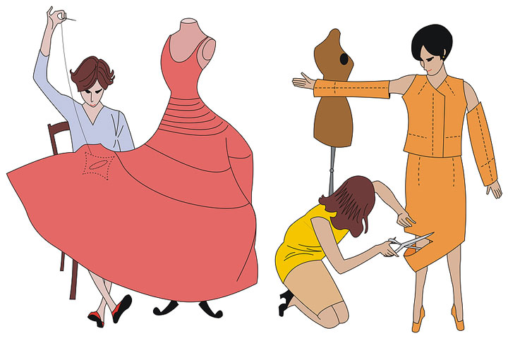 two dressmakers cutting a hemline and sewing a dress